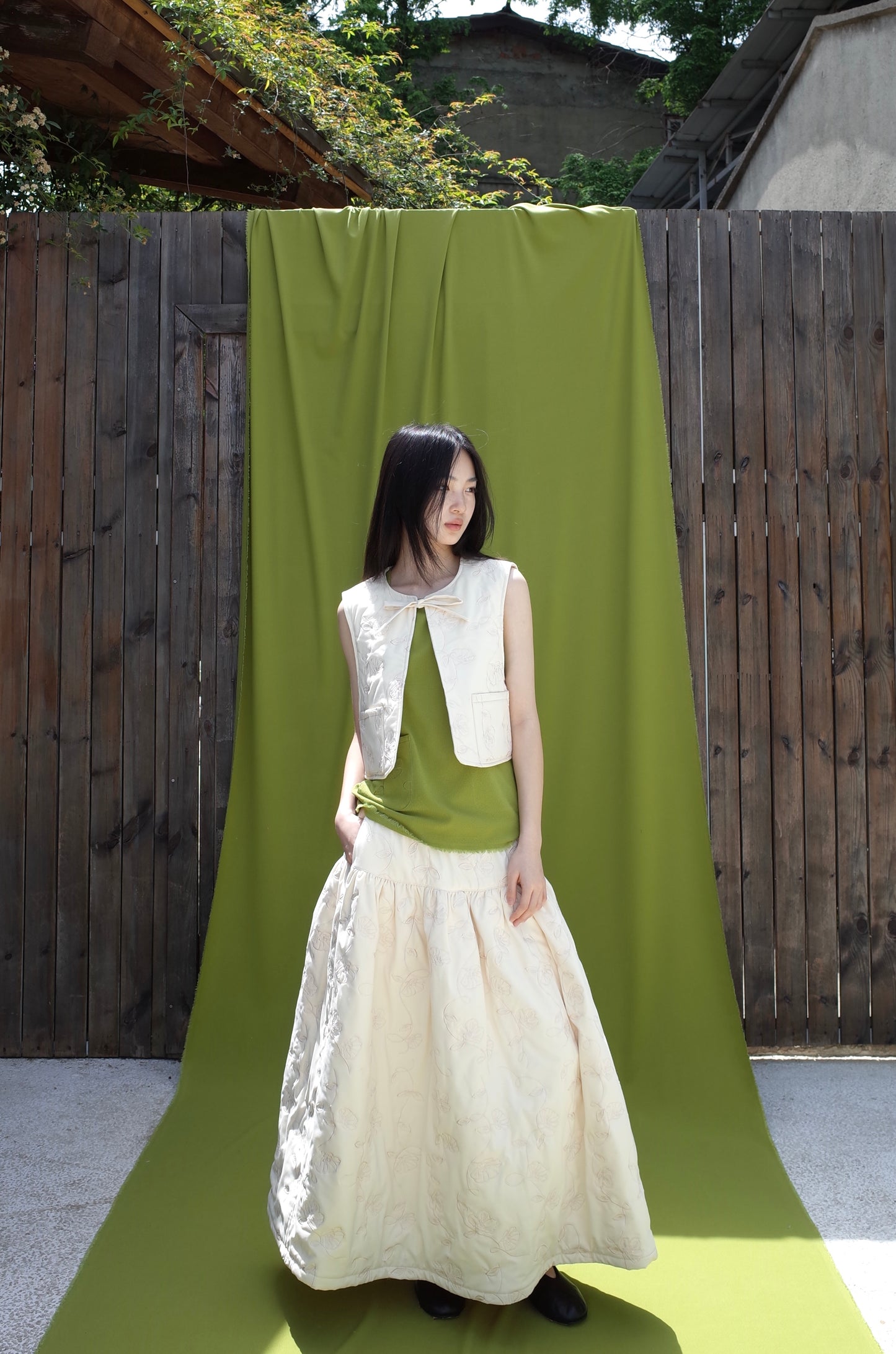 DUVET SKIRT| EMBROIDERY-QUILTED COTTON SKIRT(IVORY)