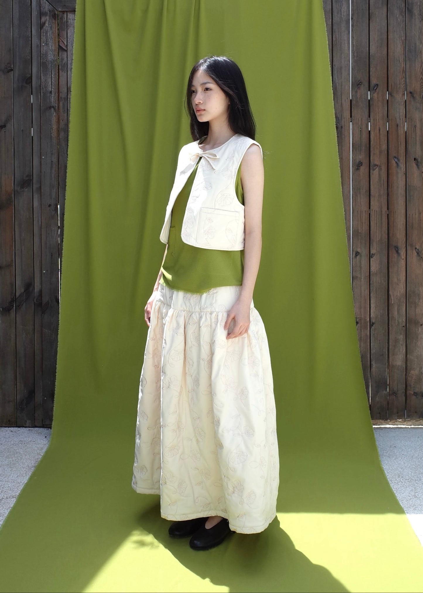 DUVET SKIRT| EMBROIDERY-QUILTED COTTON SKIRT(IVORY)