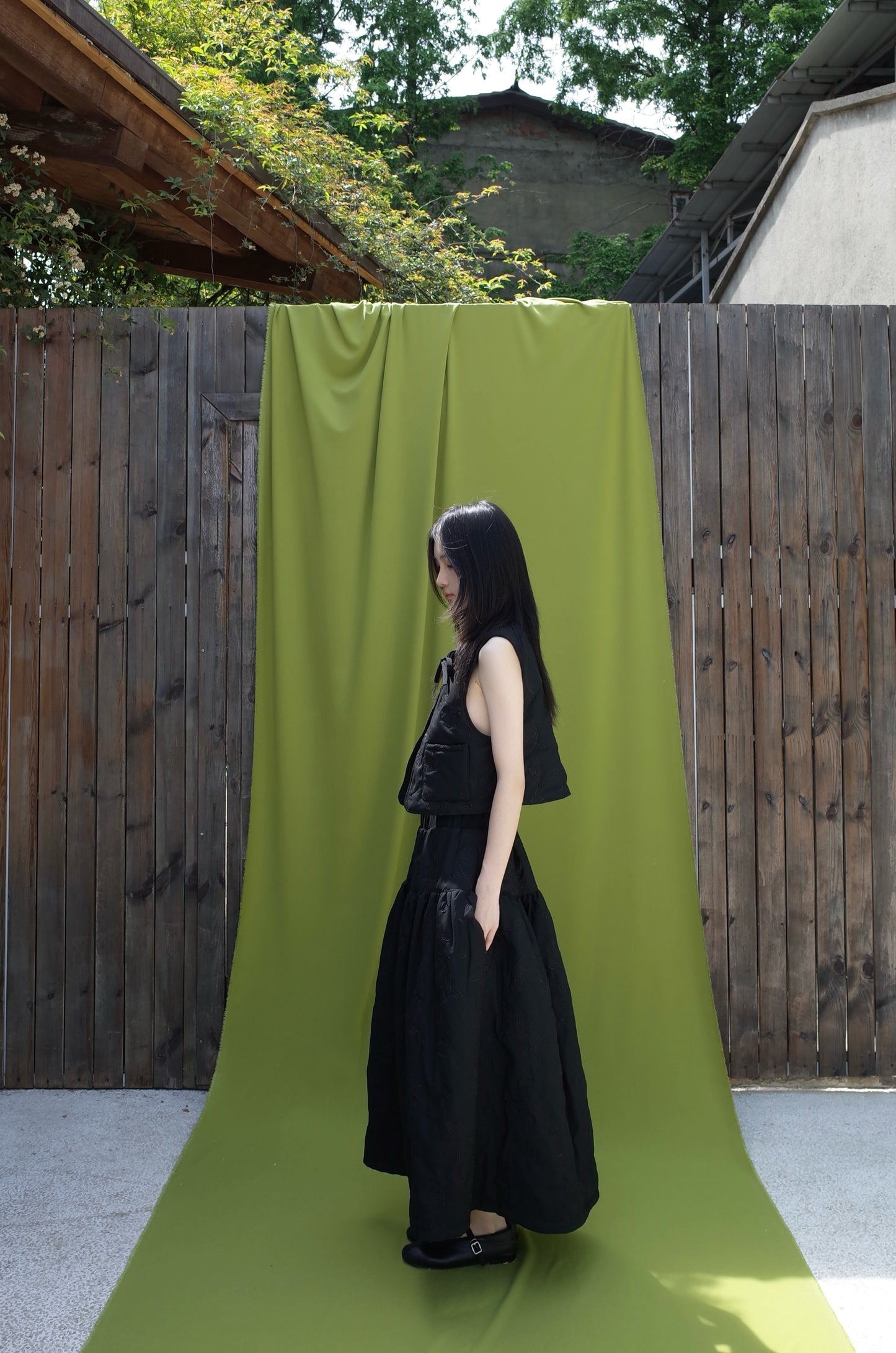 DUVET SKIRT| EMBROIDERY-QUILTED COTTON SKIRT(BLACK)
