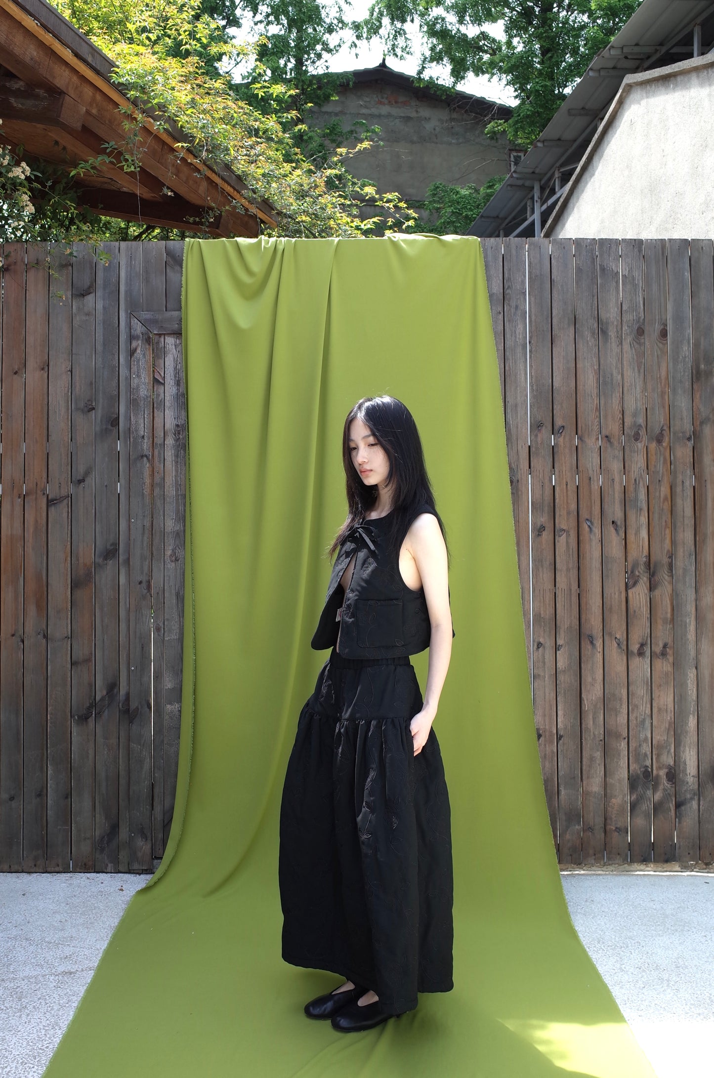 DUVET SKIRT| EMBROIDERY-QUILTED COTTON SKIRT(BLACK)