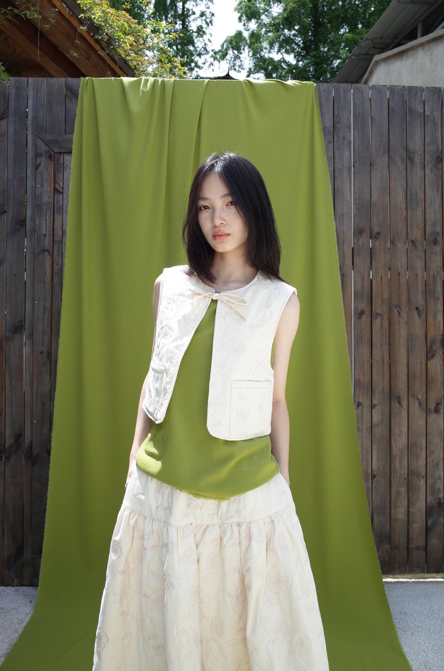 DUVET SKIRT| EMBROIDERY-QUILTED COTTON SKIRT(IVORY)