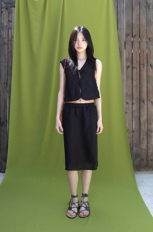LYOCELL EMBROIDERY-PATCH MIDI SKIRT （LINED）