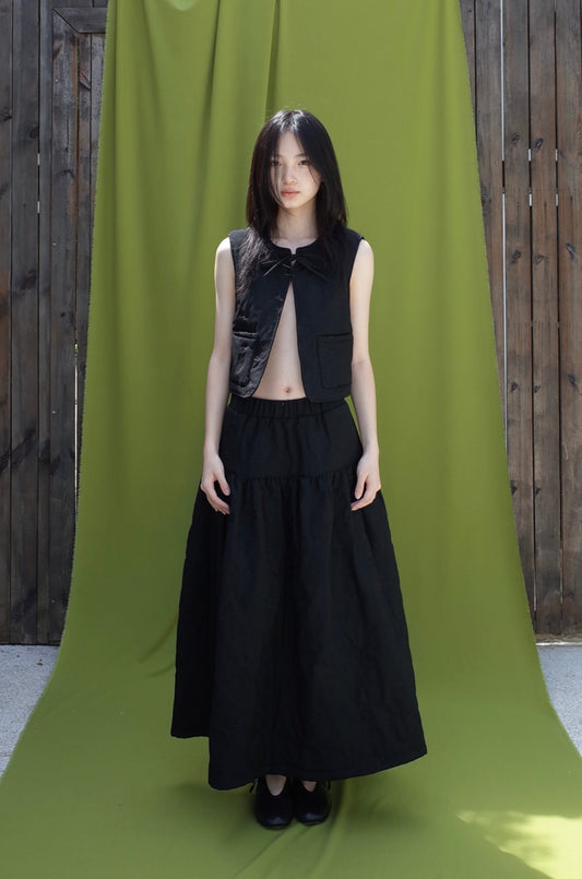 DUVET SKIRT| EMBROIDERY-QUILTED COTTON SKIRT（BLACK）